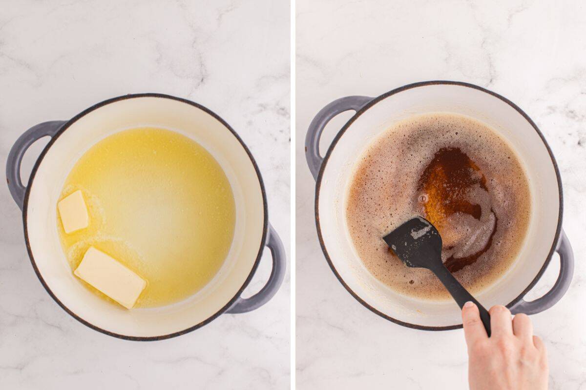 Side-by-side image showing butter melting stages in a pot. Left side shows sticks of butter partially melted. Right side shows the butter fully browned with a deep amber color as it’s being stirred.