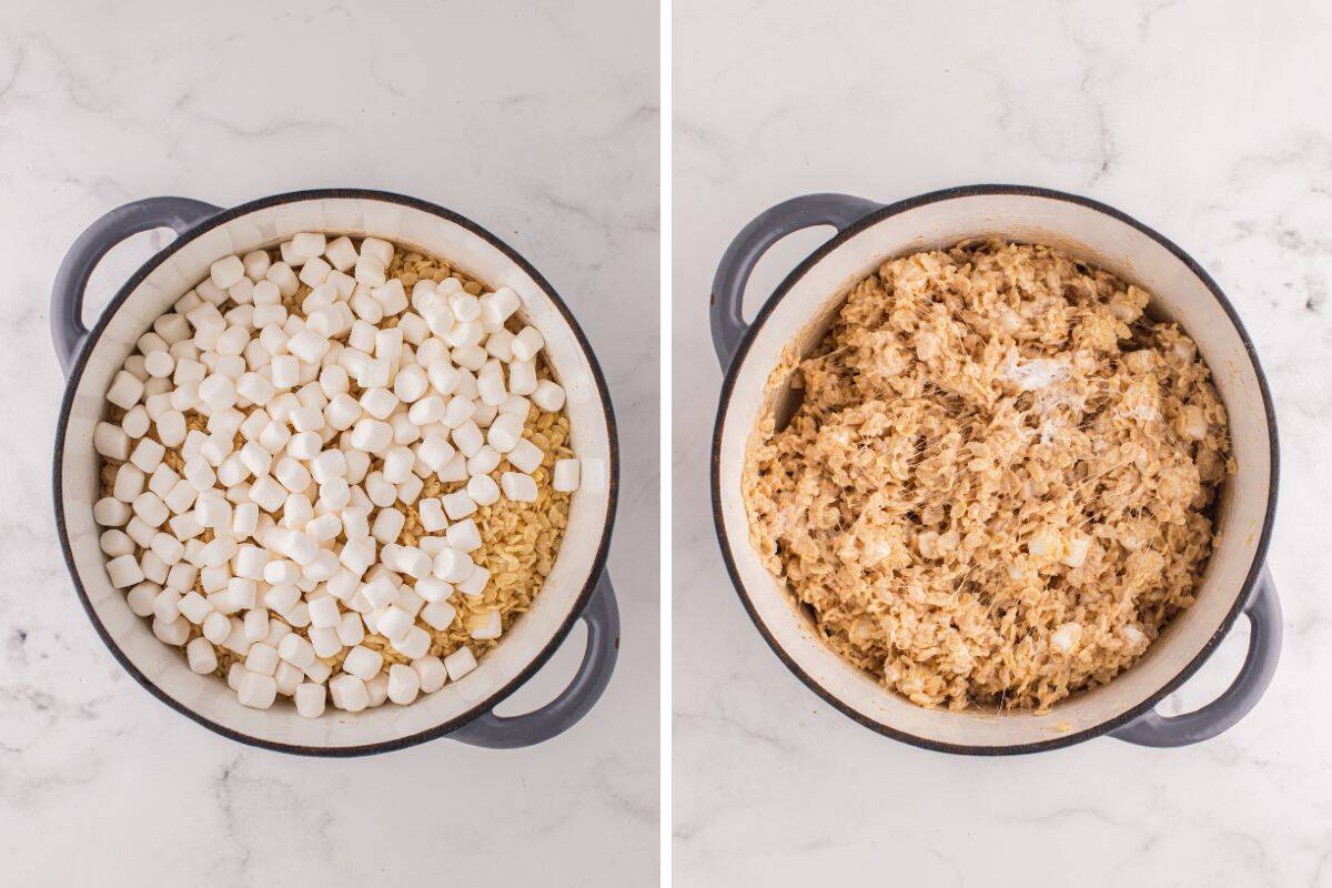 Side-by-side image showing a top-down view of a pot. Left side shows mini marshmallows on top of Rice Krispies before mixing. Right side shows the mixture fully combined with some of the marshmallows still intact.