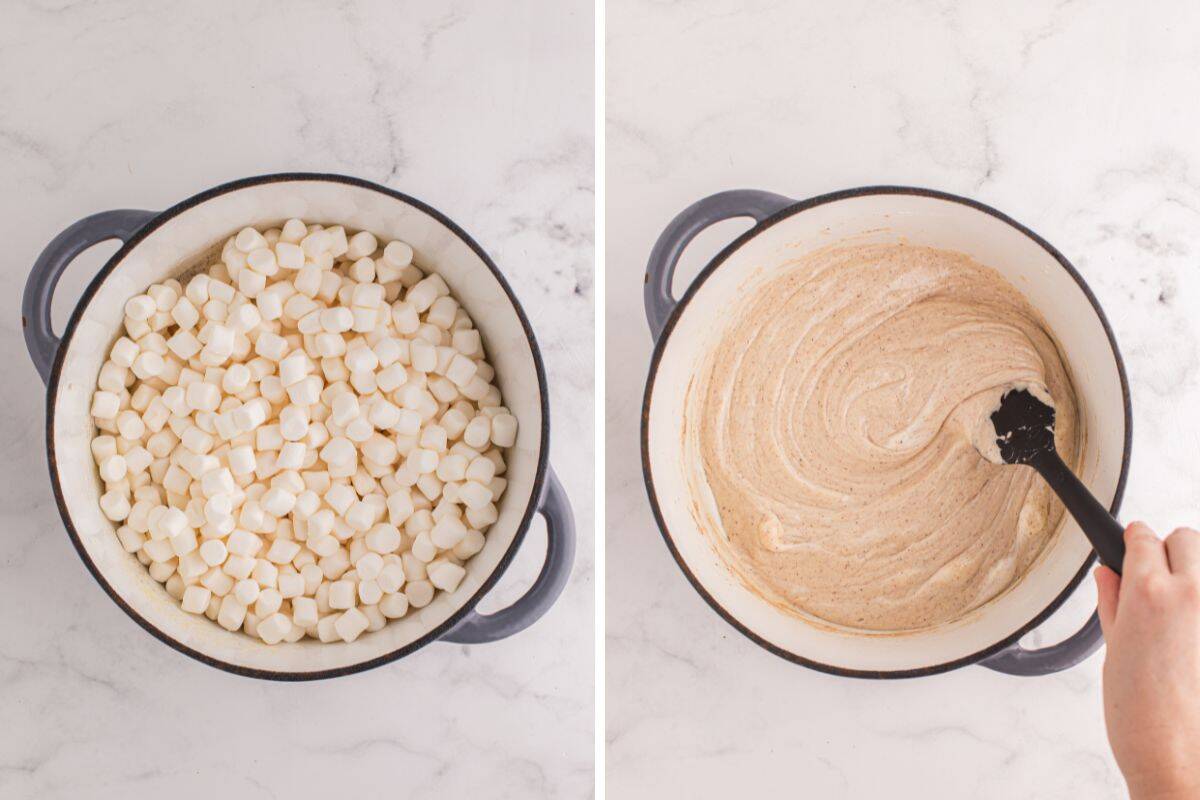 Side-by-side image showing a pot of mini marshmallows. Left side displays unmelted marshmallows. Right side shows the marshmallows melted and mixed into a smooth, creamy blend being stirred with a spatula.
