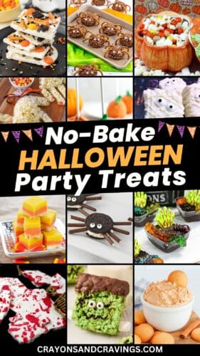 Collage pin with a variety of no-bake Halloween party treats, including themed bark, spiders, fudge, popcorn hands, and more. Text reads "No-Bake Halloween Party Treats."