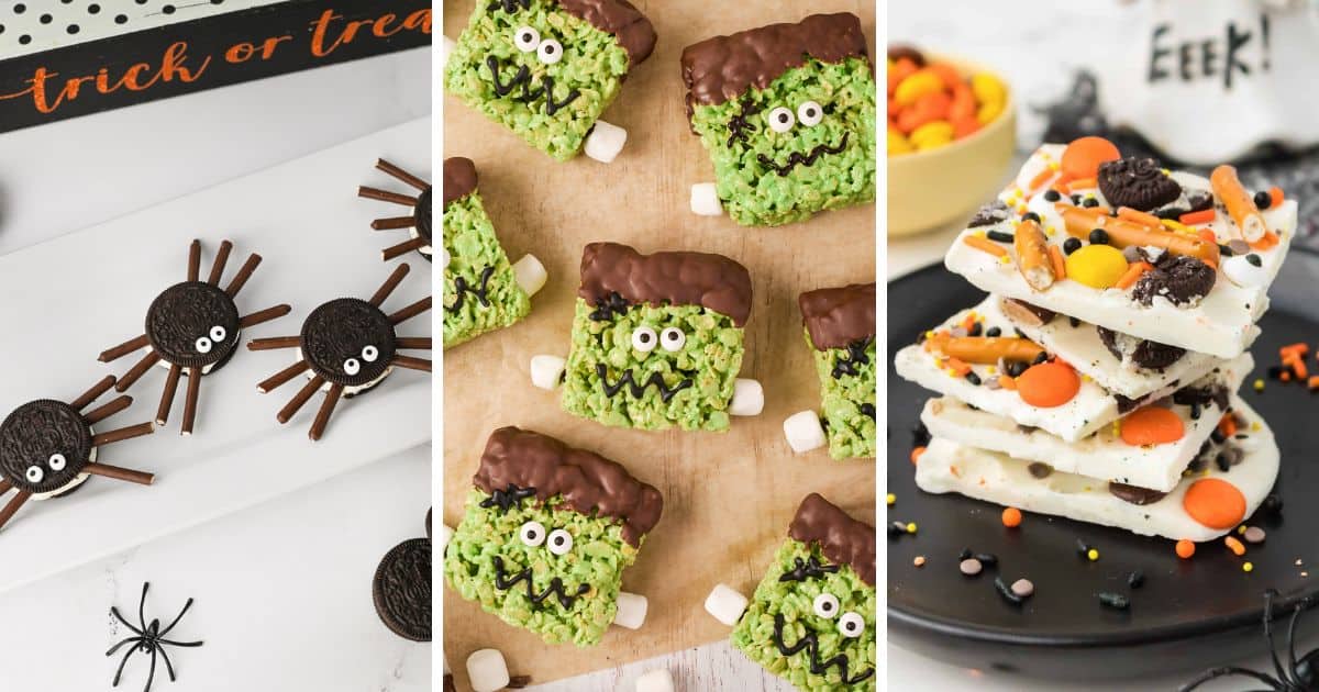 Collage of 3 no bake halloween treats: Oreo cookie spiders, Frankenstein rice cereal treats, and white chocolate Halloween bark.