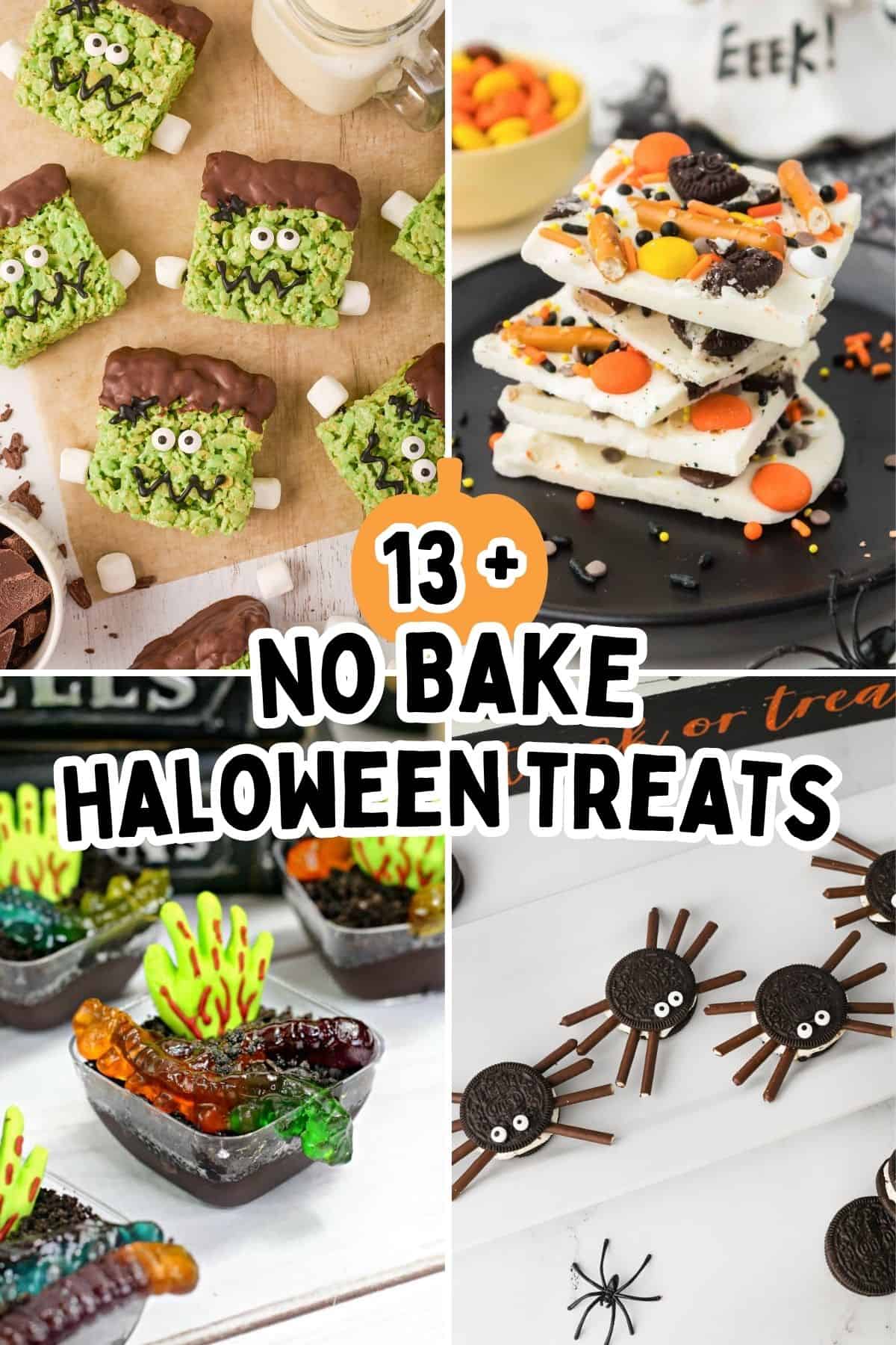 Collage with four no-bake Halloween treats and bold text that reads "13+ No Bake Halloween Treats."