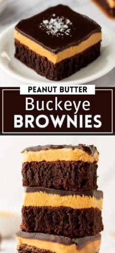 Collage pin with thick chocolate brownies topped with a peanut butter layer and chocolate ganache. Text reads "Peanut Butter Buckeye Brownies."