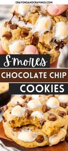 Collage pin with a close-up of a gooey s’mores cookie being pulled apart at the top and a bitten cookie stacked on another at the bottom. Both cookies are filled with melted chocolate chips and mini marshmallows. Text reads “S’mores Chocolate Chip Cookies.”