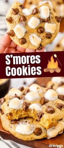 Collage pin with a top image of a bitten s’mores cookie held up to the camera and a bottom image of a stacked cookie with a bite taken out, both featuring toasted marshmallows and chocolate chips.
