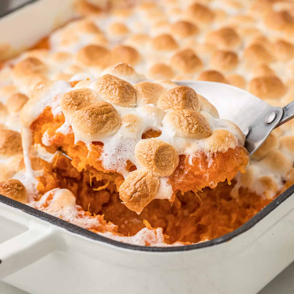 A spoon lifting a portion of sweet potato casserole with marshmallows from a white baking dish, showing fluffy orange sweet potatoes topped with golden-brown toasted mini marshmallows.