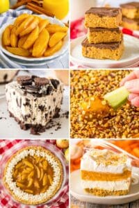 Six-photo collage of no bake Thanksgiving desserts including apples, bars, pies, and layered treats.