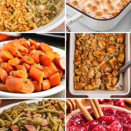 Collage of side dishes for Thanksgiving, including: green bean casserole, sweet potato casserole, glazed carrots, stuffing, green beans, and cranberry sauce.