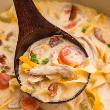 Wooden ladle lifting creamy crack chicken noodle soup from pot.