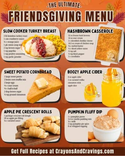 Six Friendsgiving recipes with images and ingredient lists. Text reads “The Ultimate Friendsgiving Menu.”