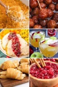 A collage showing 6 Friendsgiving food ideas including hashbrown casserole, cocktail meatballs, sliced turkey with cranberry sauce, apple cider sangria, apple pie crescent rolls, and cranberry sauce.