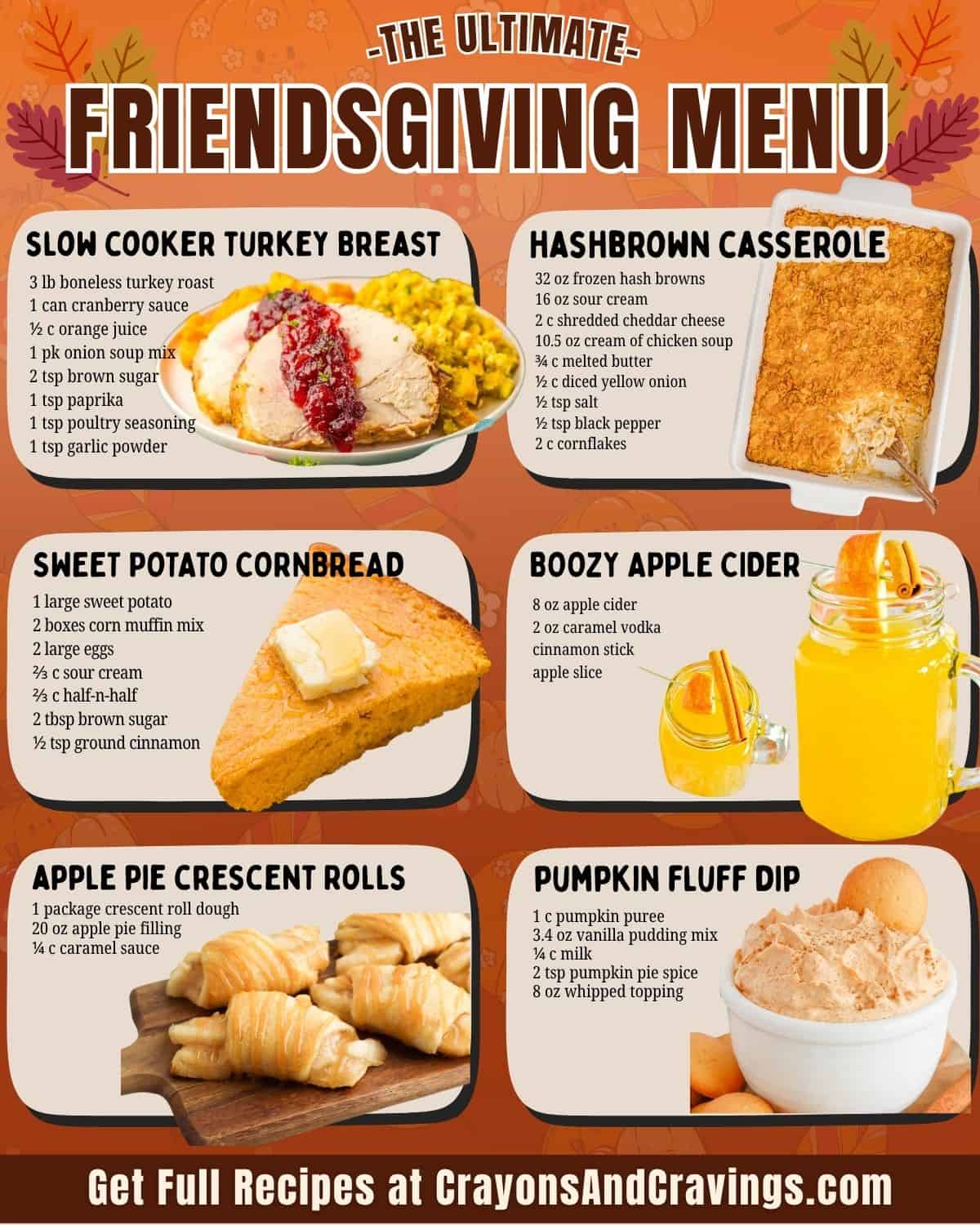 Six Friendsgiving recipes with images and ingredient lists. Text reads “The Ultimate Friendsgiving Menu.”