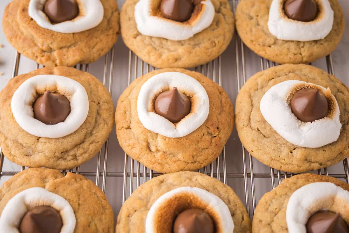S'mores cookies cooling on a wire rack.