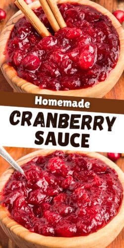 Collage pin with two photos of cranberry sauce. Text reads “Homemade Cranberry Sauce.”