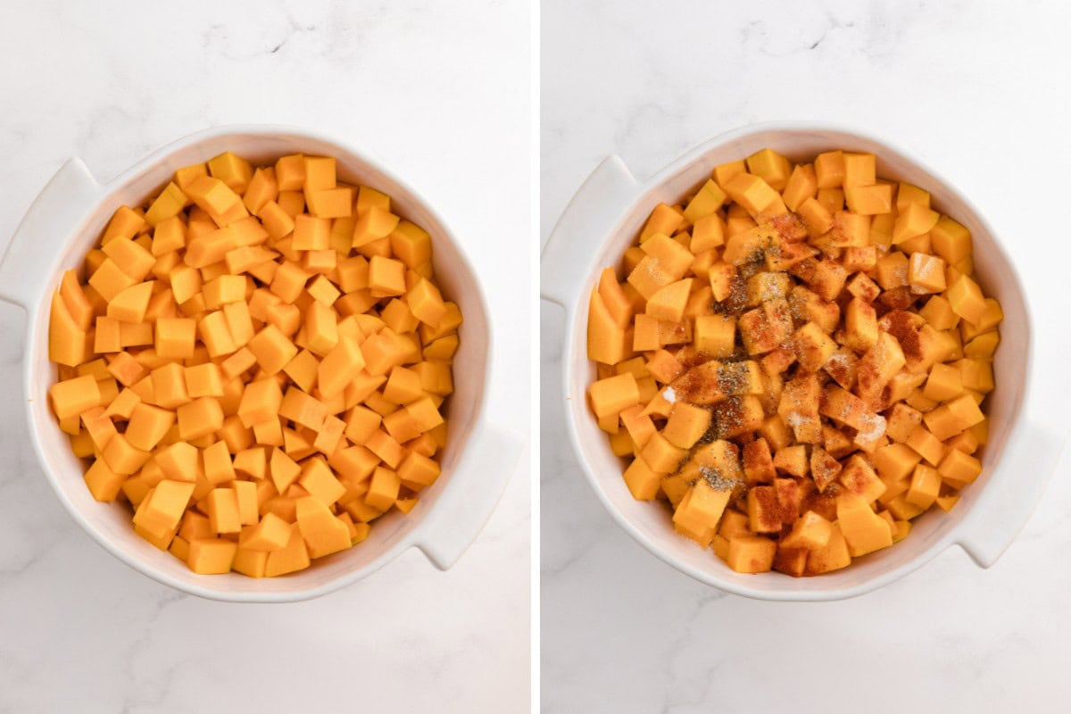 Butternut squash cubes before and after seasoning in a white bowl.