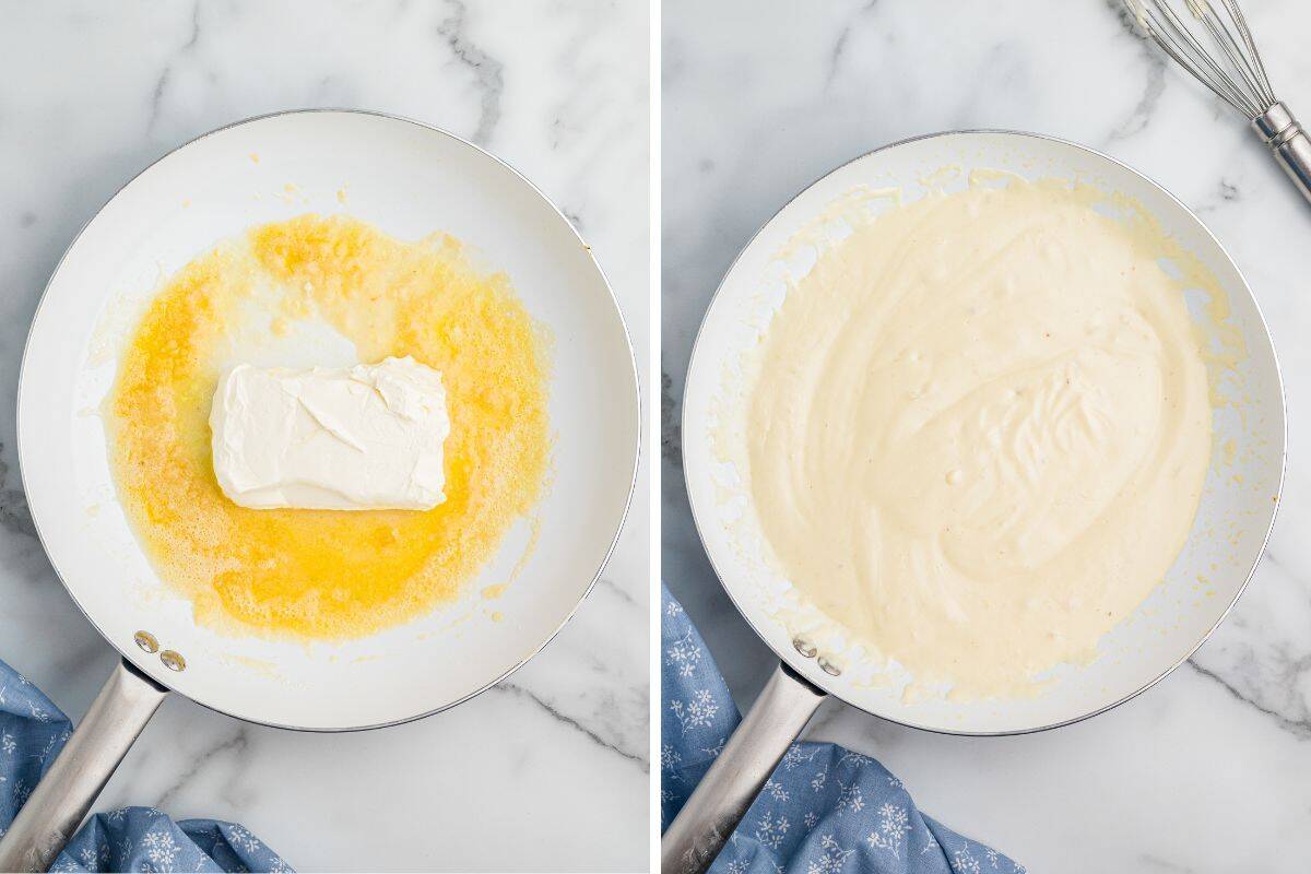 Left: cream cheese melting in a skillet with butter. Right: the mixture has been whisked into a smooth, creamy sauce.