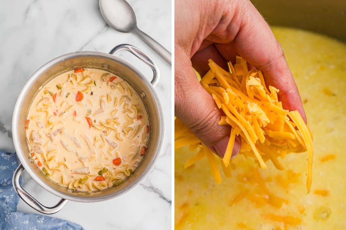 Side-by-side images of soup in a pot and shredded cheese being added.