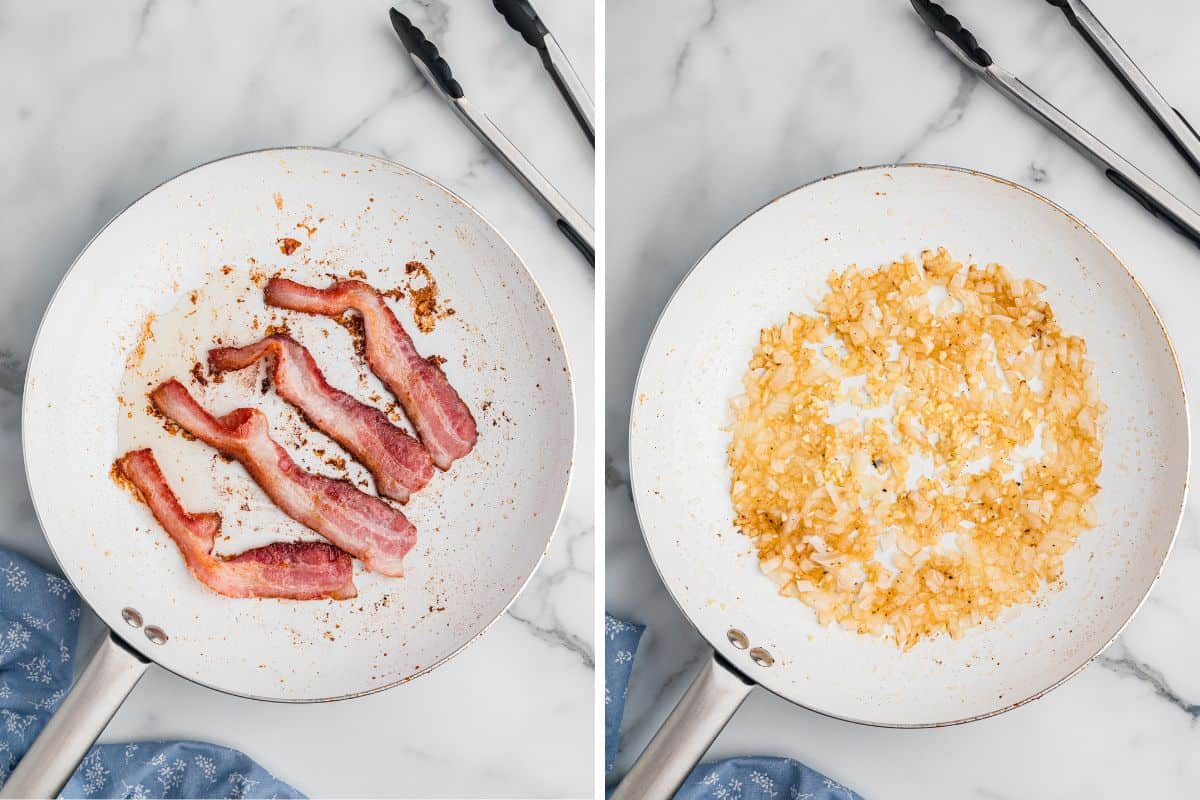 Side-by-side images of bacon frying and onions sautéing.