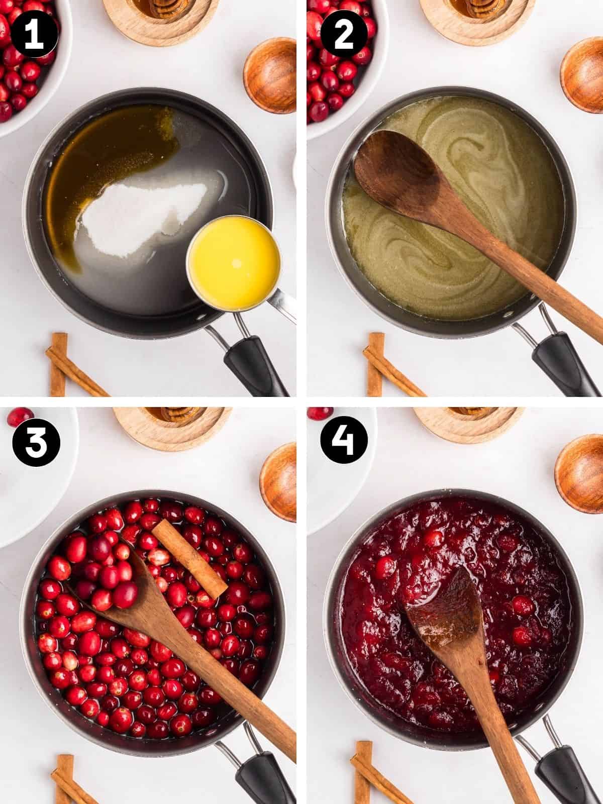 Collage with four steps for making homemade cranberry sauce. Step 1 shows ingredients in a saucepan. Step 2 has the mixture stirred smooth. Step 3 adds cranberries and a cinnamon stick. Step 4 shows thickened red sauce.