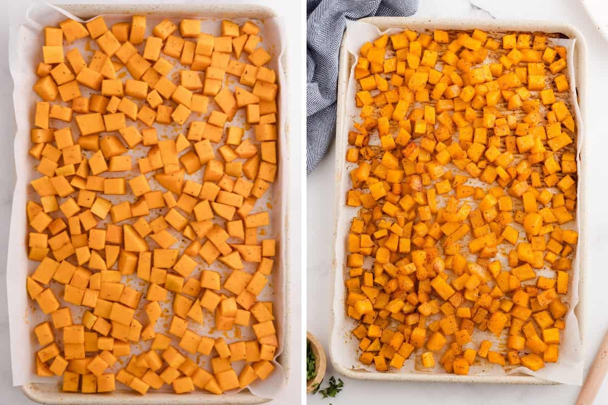 Side-by-side photos of cubed butternut squash spread on parchment-lined baking sheets. The left shows raw, lightly seasoned squash before roasting; the right shows the golden-brown, roasted squash after baking.