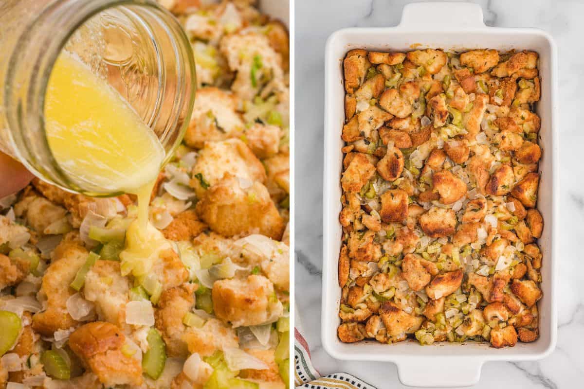 Side-by-side images: on the left, melted butter is poured from a jar onto bread stuffing; on the right, the fully baked old-fashioned stuffing is golden brown and served in a 9 x 13 baking dish.