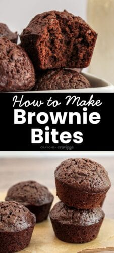 Collage pin featuring two images of chocolate brownie bites—one in a bowl with a bitten piece on top and one with bites stacked on parchment. Center text reads "How to Make Brownie Bites" with branding "Crayons + Cravings."