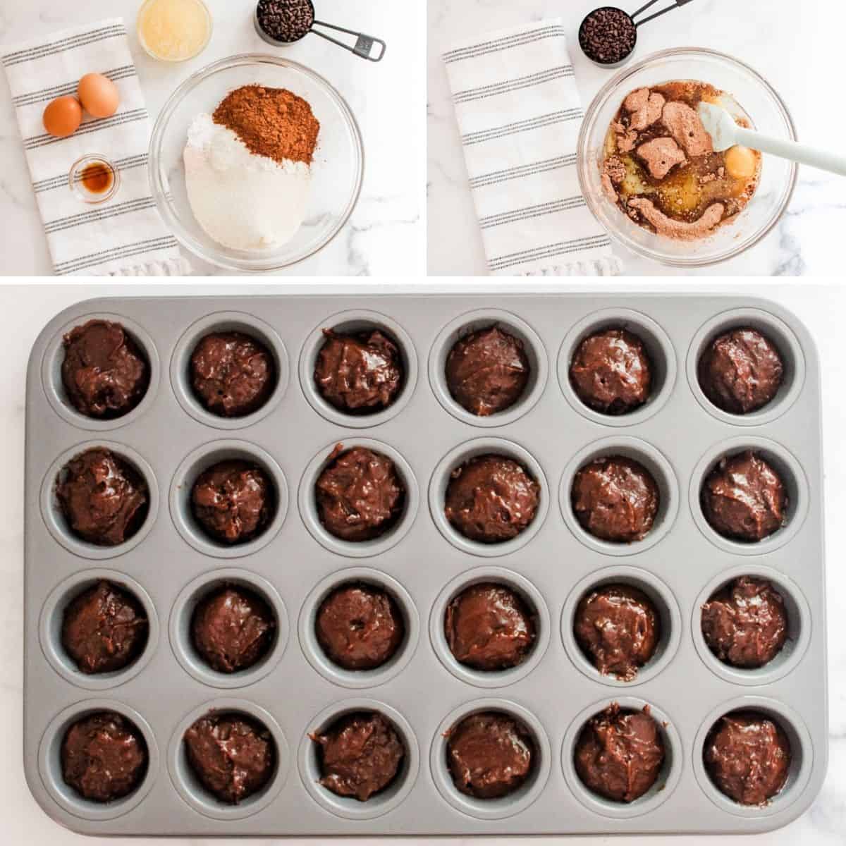 Collage pin showing how to make brownies in muffin pan, from mixing ingredients to filling a mini muffin pan.
