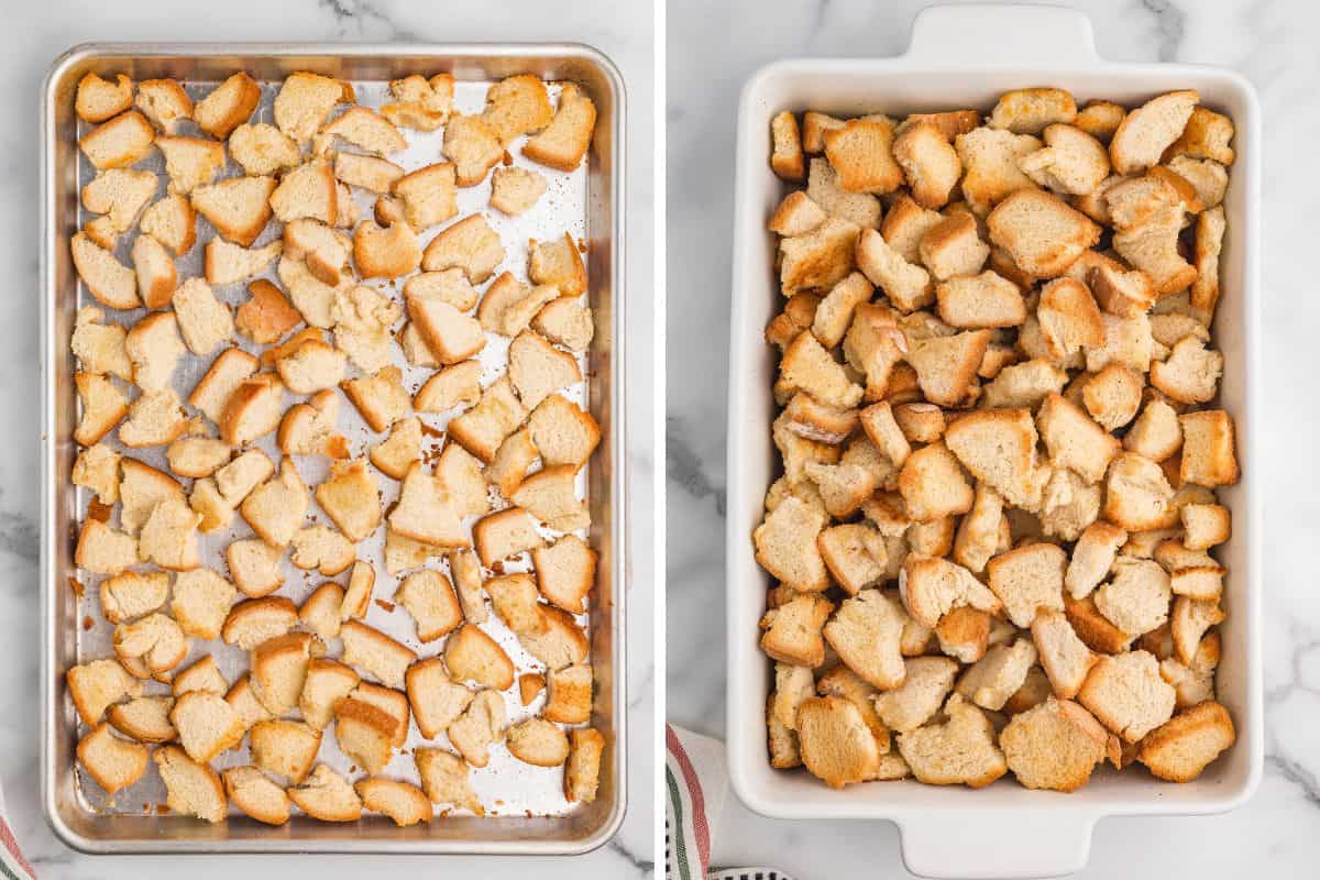 Two images: on the left, a baking sheet holds evenly toasted bread cubes spread out in a single layer; on the right, the same toasted cubes are placed into a white rectangular baking dish.