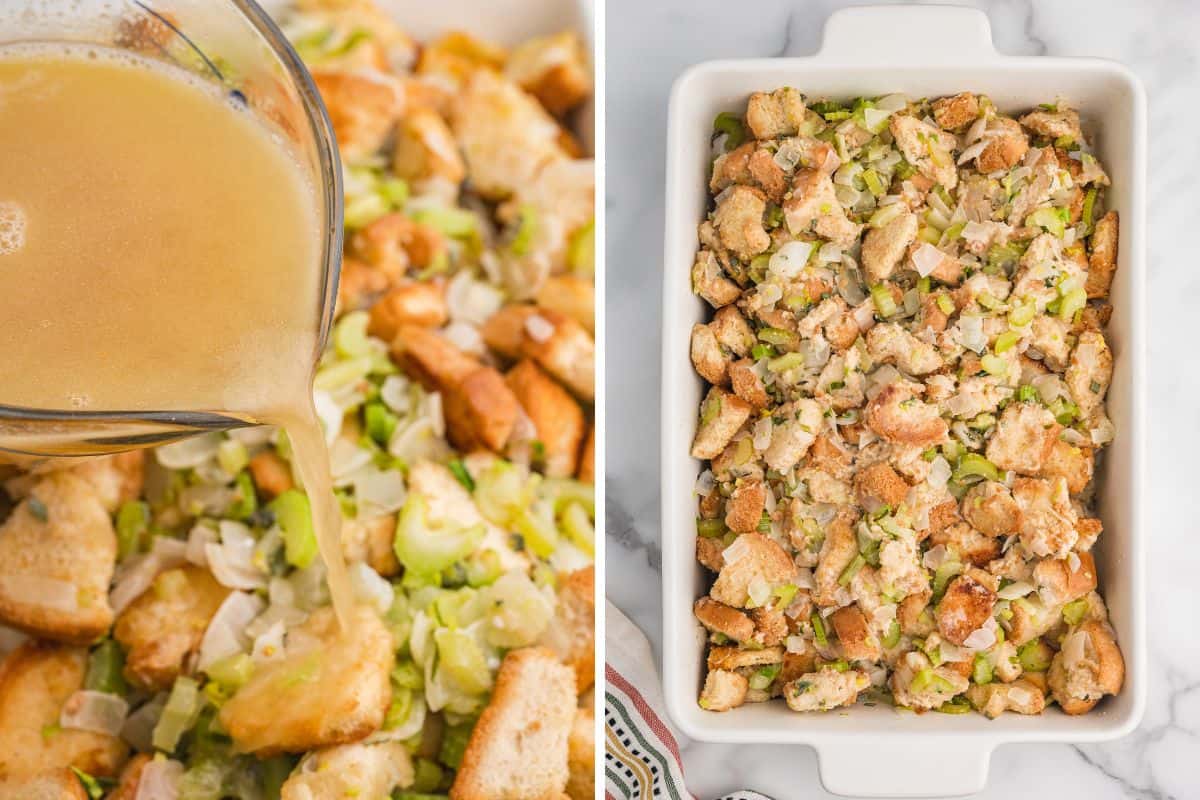 To images: the left side shows broth being poured from a glass measuring cup over a mixture of bread cubes, chopped celery, and onions; the right side shows the moistened unbaked stuffing evenly spread in a white rectangular baking dish.