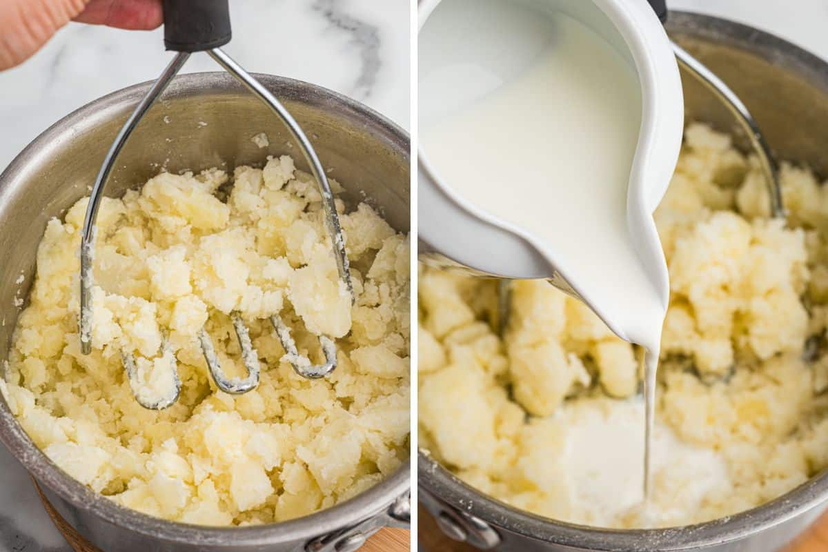 Split image showing mashed potatoes in a pot; on the left, a hand mashes cooked potatoes with a metal masher, and on the right, milk is being poured from a white pitcher into the mashed potatoes.