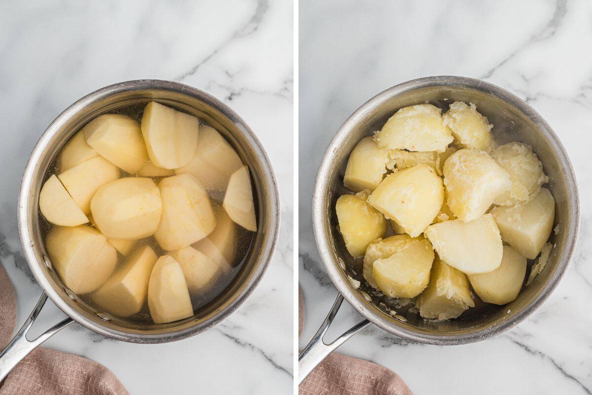 Peeled  quartered russet potatoes in a pot before and after boiling.