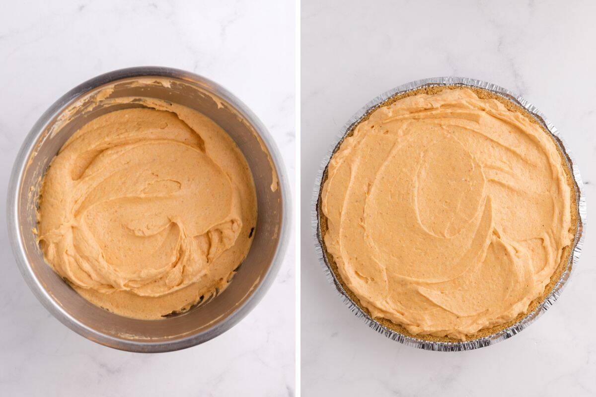 Pumpkin filling in a mixing bowl and spread into a graham cracker crust.