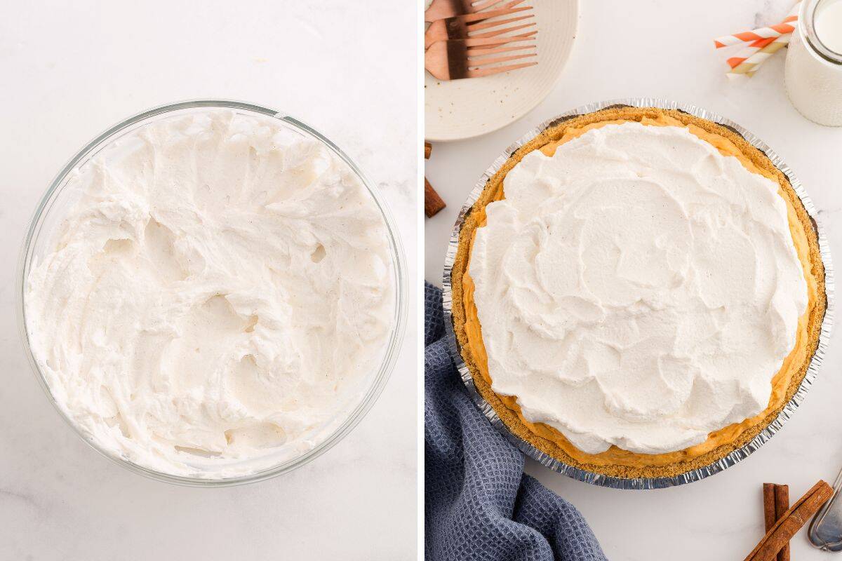Bowl of whipped topping and a finished pumpkin pie topped with it.