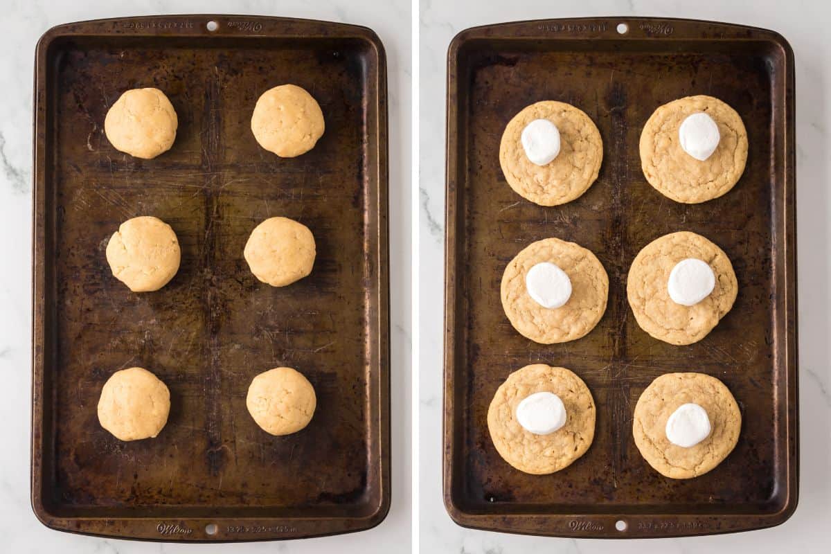 Side-by-side image showing a baking tray with six unbaked cookie dough balls on the left, and the same tray on the right with the cookies baked and topped with one marshmallow each in the center.