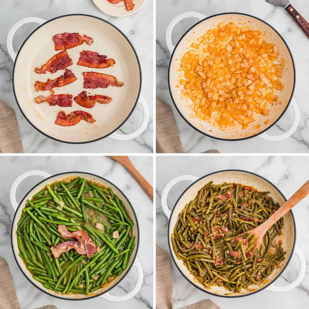 Collage of four cooking steps in a white pot on a marble surface: top left shows cooked bacon pieces; top right shows sautéed onions in the pot; bottom left shows green beans and bacon in broth before cooking; bottom right shows fully cooked green beans and bacon being stirred.