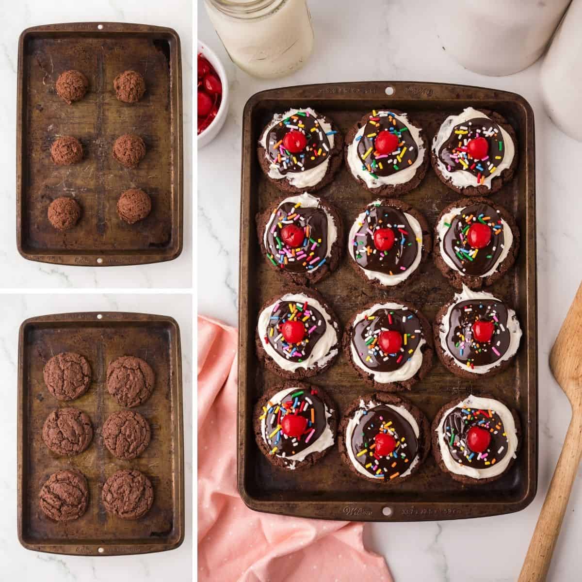 Collage showing cookie dough, baked cookies, and decorated hot fudge sundae cookies on a baking sheet.