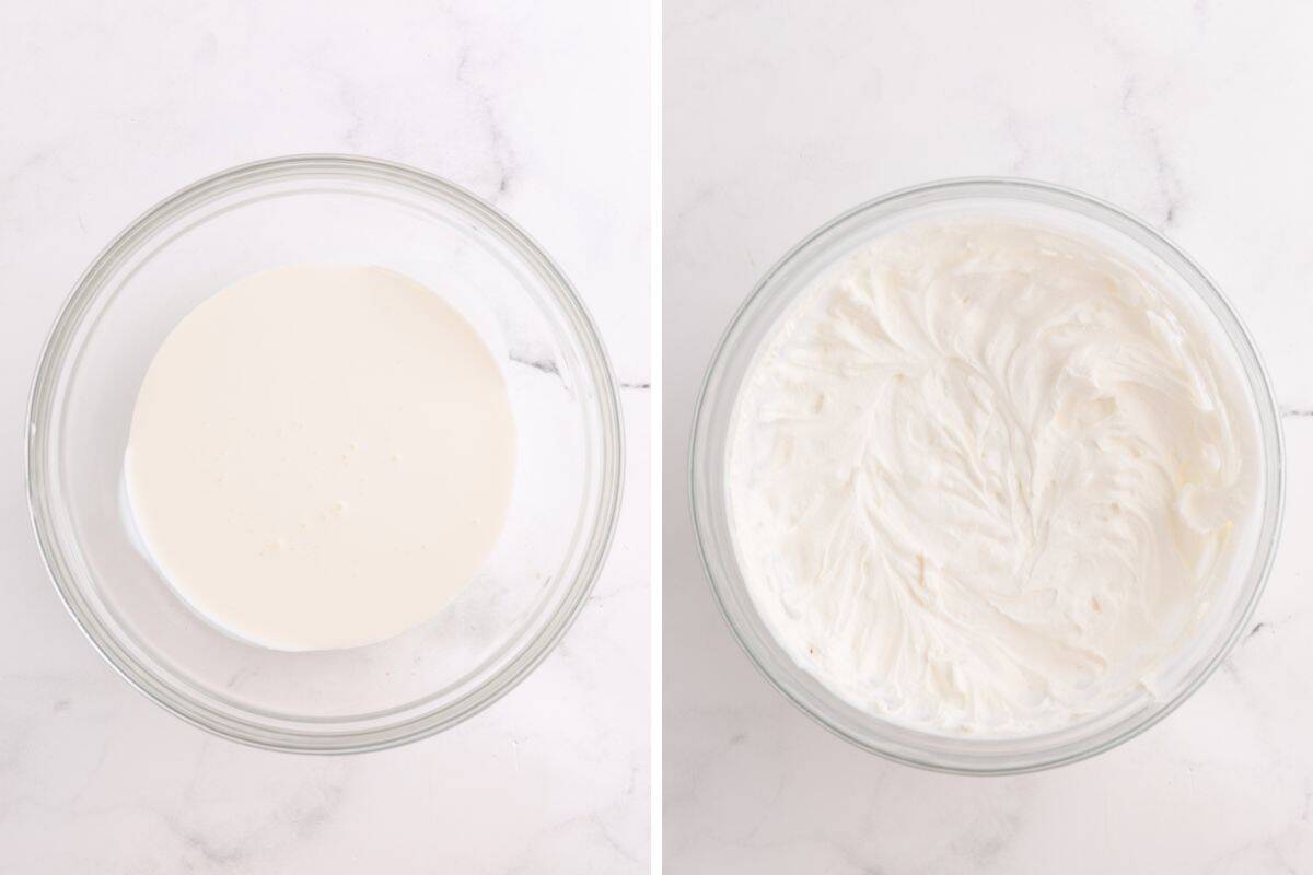 Whipping cream before and after being whipped.