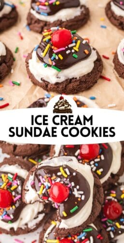 Collage pin of frosted cookies with chocolate, sprinkles, and cherries. Text reads "Ice Cream Sundae Cookies."