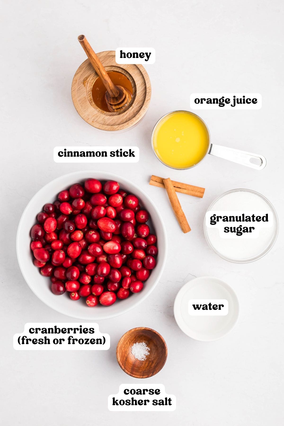 Ingredients for cranberry sauce: a bowl of cranberries labeled “cranberries (fresh or frozen),” orange juice, granulated sugar, water, coarse kosher salt, honey, and cinnamon sticks.