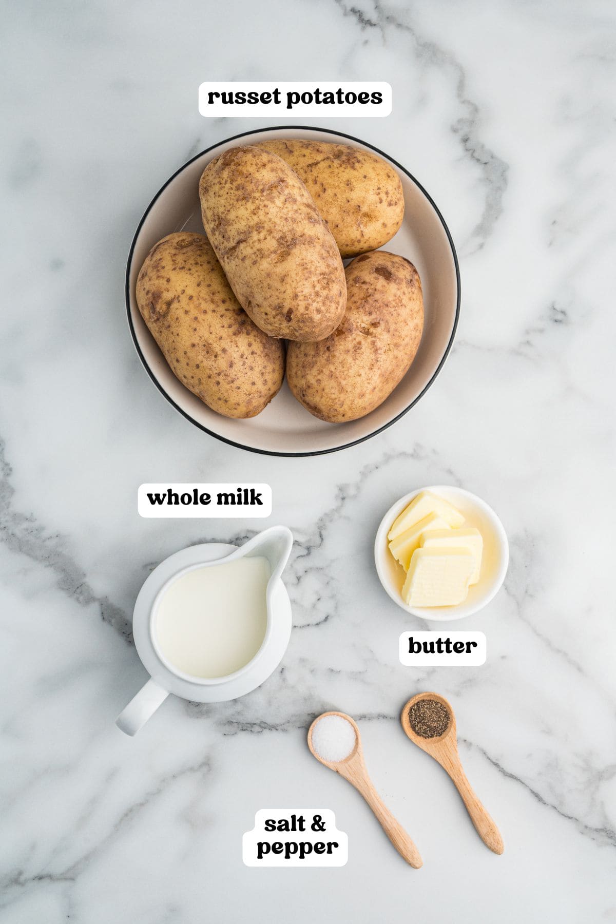 Labeled ingredients: a bowl of russet potatoes, a small pitcher of whole milk, a dish of butter slices, and two wooden spoons with salt and pepper.