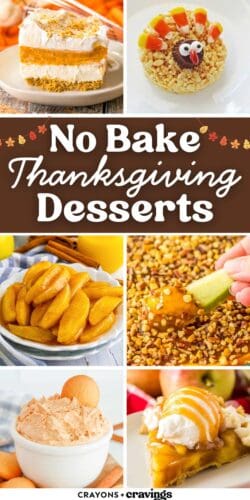 Collage pin with various Thanksgiving no bake desserts including layered pumpkin dessert, turkey treats, and apple pie. Text reads “No Bake Thanksgiving Desserts.”