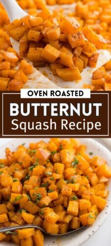 Collage pin showing spooned and plated roasted butternut squash. Text reads "Oven Roasted Butternut Squash Recipe".