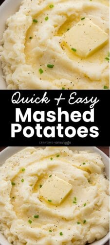 Collage pin with two images of creamy mashed potatoes topped with a pat of butter, black pepper, and chopped chives. The middle section has a black banner with white text reading: "Quick + Easy Mashed Potatoes." Small branding at the bottom reads “Crayons + Cravings.”