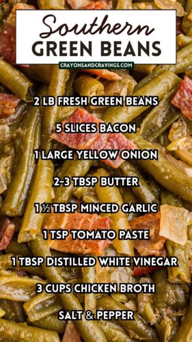Collage pin with a close-up background of southern green beans and bacon. Overlaid text lists the recipe ingredients: 2 lb fresh green beans, 5 slices bacon, 1 large yellow onion, 2–3 tbsp butter, 1½ tbsp minced garlic, 1 tsp tomato paste, 1 tbsp distilled white vinegar, 3 cups chicken broth, and salt & pepper.