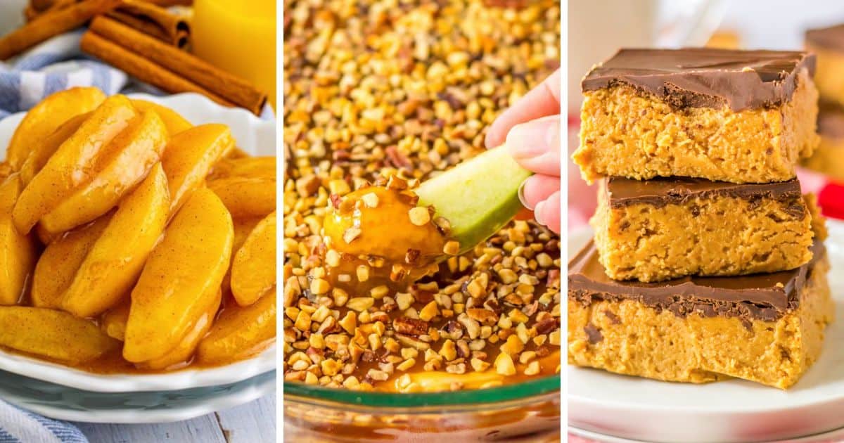 Three no bake Thanksgiving dessert images: cinnamon fried apples, caramel apple dip, and no bake peanut butter bars.