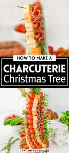 Collage pin with two photos: the top image shows the start of a charcuterie tree using skewers of cheese and salami on a green foam cone; the bottom image shows the completed tree with all ingredients added. Text reads “How to Make a Charcuterie Christmas Tree.” Branding at the bottom says “Crayons and Cravings.”