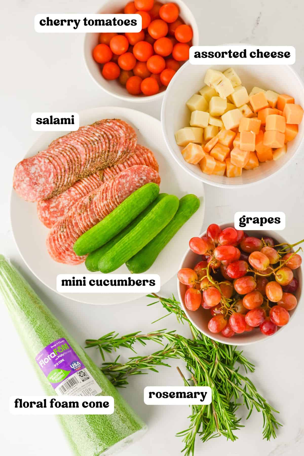 Flat lay of ingredients for making a charcuterie tree appetizer, with text labels identifying each item: cherry tomatoes, assorted cheese cubes, salami slices, mini cucumbers, grapes, rosemary sprigs, and a green floral foam cone.