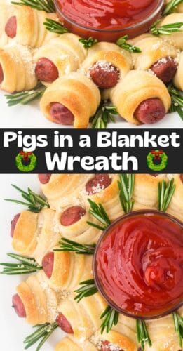 Pigs in a blanket wreath collage pin with images of the mini hot dogs wrapped in crescent roll dough, placed in a ring, baked, and garnished with rosemary sprigs and bowl of ketchup in center.