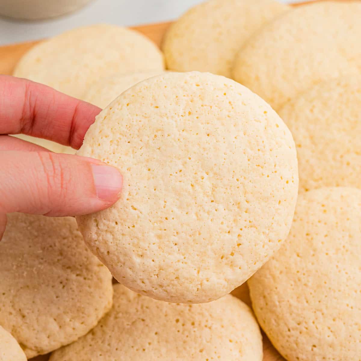 Hand holding a plain, round tea cake cookie.