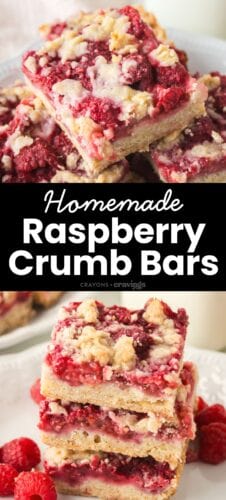 Collage pin with two images of raspberry crumb bars stacked on a plate, showing golden crust, red raspberry filling, and crumbly topping. Text reads “Homemade Raspberry Crumb Bars."